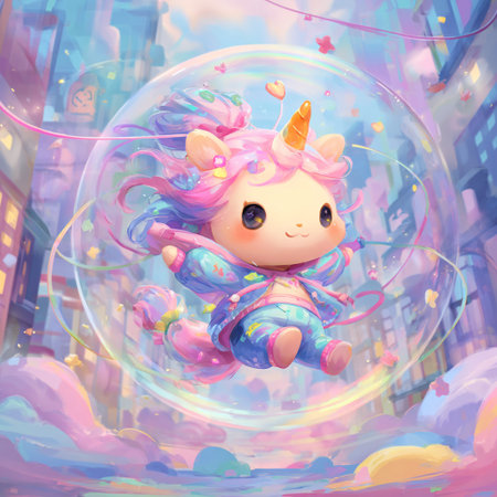 Cute cartoon unicorn in the city. Illustration for children.の素材