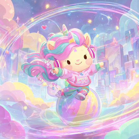 Cute cartoon unicorn with magic ball in the city. Vector illustration.の素材