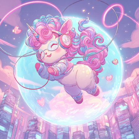 Cute unicorn in the city at night. Cartoon vector illustration.の素材