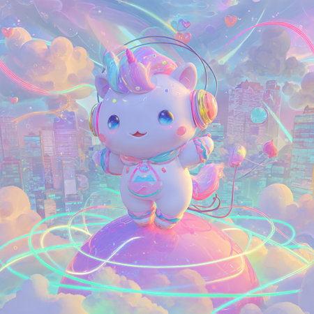 Unicorn in headphones listening to music on the planet. 3D renderingの素材