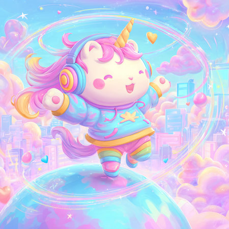 Cute cartoon unicorn on the background of the planet. Illustrationの素材