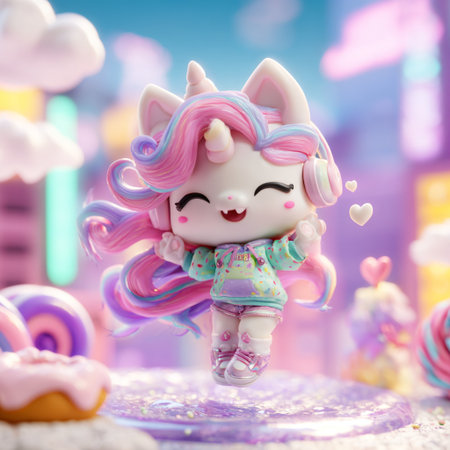 Cute unicorn doll with donuts on the background of the night cityの素材