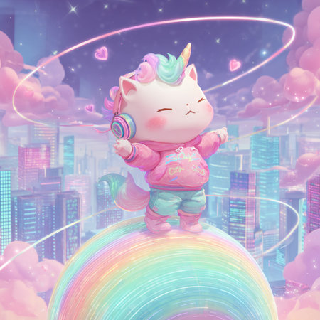 Unicorn girl on a rainbow with a city in the backgroundの素材