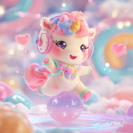 Cute unicorn with headphones on the background of colorful balloons and heartsの素材