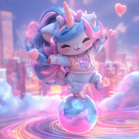 Unicorn girl with magic ball in the background of the cityの素材