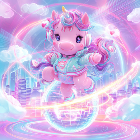 Cute pink unicorn in the city with a globe. Vector illustration.の素材