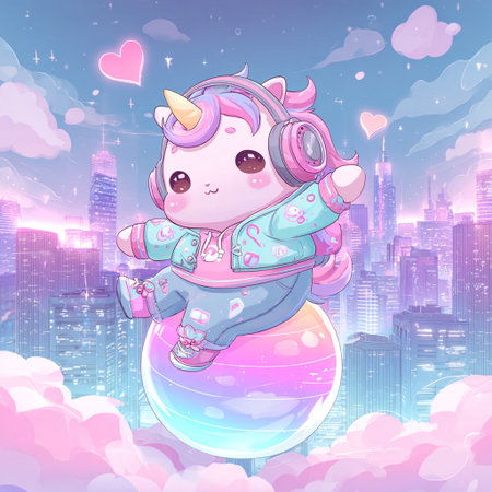 Cute cartoon unicorn on the ball in the sky. Vector illustration.の素材