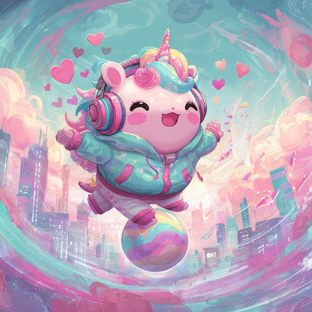 Cute unicorn with headphones and planet in the background of the cityの素材