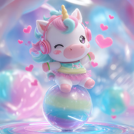 Cute unicorn on a rainbow background with hearts and bubbles. 3d renderingの素材