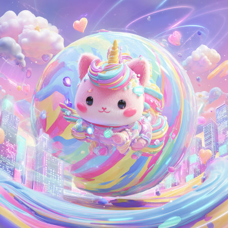 Unicorn on the rainbow in the city.3d renderingの素材