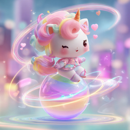 Cute unicorn with magic ball on the colorful background. 3d illustrationの素材