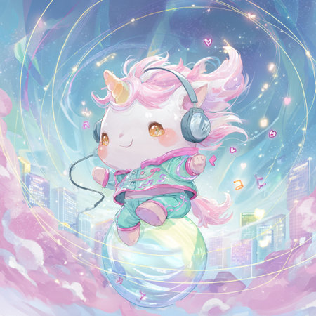 Cute unicorn with headphones on the background of the night city.の素材
