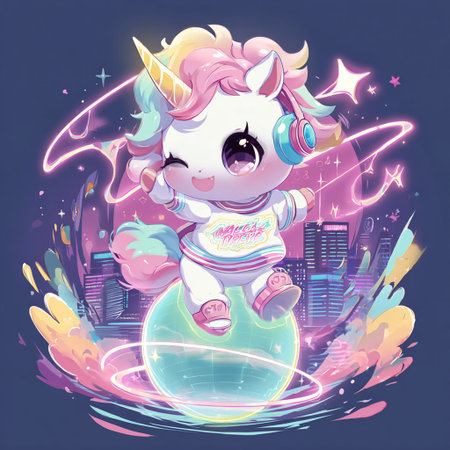 Cute unicorn with headphones on the background of the night city.の素材