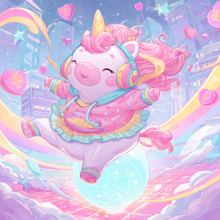 Cute unicorn on the background of the city. Cartoon illustration.の素材