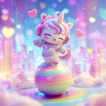 Unicorn girl on a rainbow background. 3d illustration.の素材