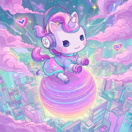 Cute cartoon unicorn on a planet. Vector illustration of a cute unicorn in outer space.の素材