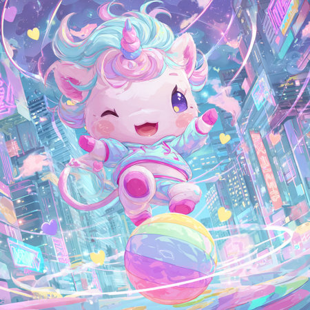 Unicorn girl with ball in the city. Vector illustration.の素材