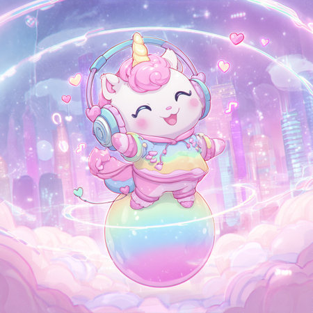 Cute unicorn listening to music with headphones on a rainbow background.の素材