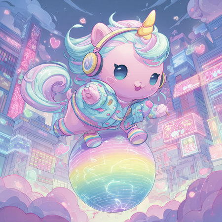 Cute unicorn in the city. Cartoon illustration of a cute unicorn.の素材