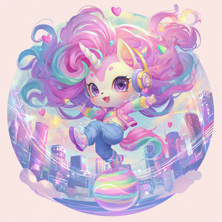 Cute little unicorn girl with rainbow hair and headphones. Vector illustration.の素材