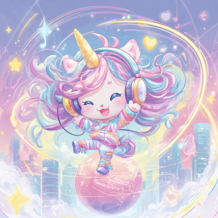 Cute cartoon unicorn girl with headphones and snow globe. Vector illustration.の素材