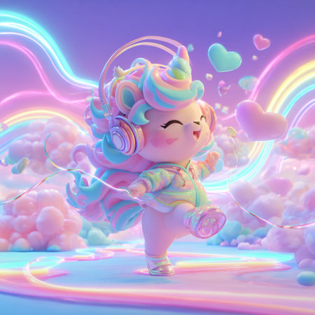 Cute unicorn with headphones and rainbow background. 3D rendering.の素材