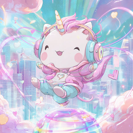 unicorn listening to music with headphones on the background of the cityの素材