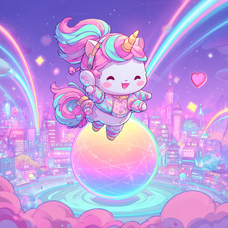 Cute cartoon unicorn with magic ball on the background of the city.の素材
