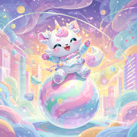 Cute unicorn with rainbow ball in the city. Vector illustration.の素材