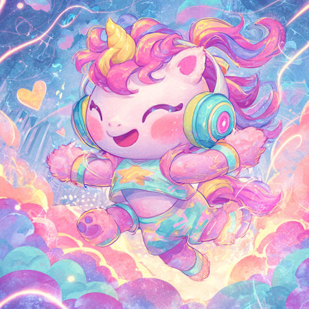 Cute unicorn with rainbow hair and headphones. Watercolor illustration.の素材