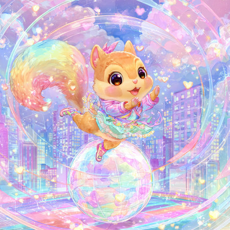 cartoon scene with a cute squirrel in a scarf on a ballの素材