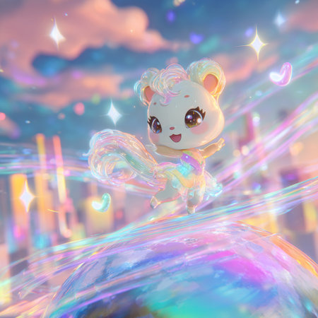 Cute kawaii teddy bear on the background of the city.の素材