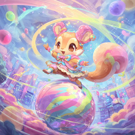 Cute cartoon mouse flying in the sky among the clouds and planetsの素材