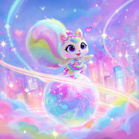 Cute cartoon unicorn with a globe on the background of the night cityの素材