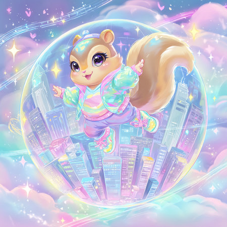 Cute cartoon squirrel on the background of the city. Vector illustration.の素材