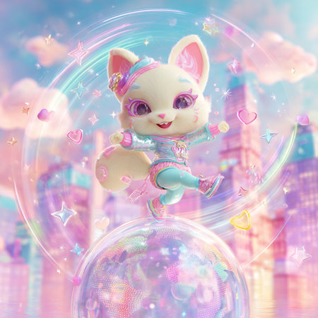 Cute bunny in the sky with bubbles and stars. 3d renderingの素材