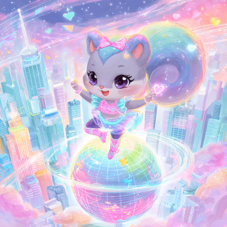 Cute cartoon mouse girl standing on the globe with city background.の素材