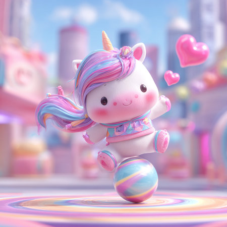 Unicorn with rainbow hair in the city. 3d renderingの素材