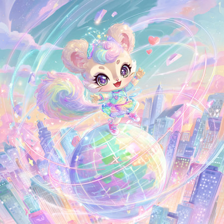 Cute cartoon mouse with a globe on the background of the cityの素材