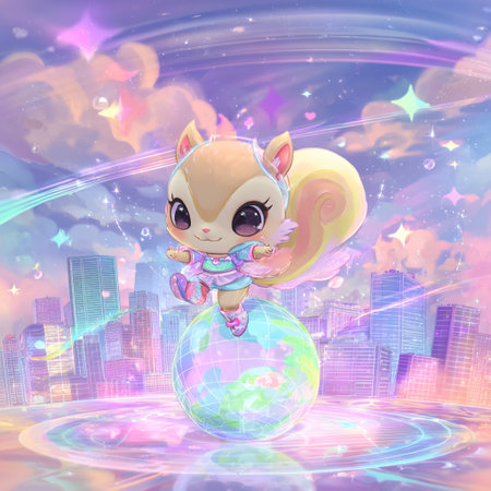 Cute cartoon squirrel on the globe in the night city. Vector illustration.の素材