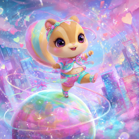 Cute kawaii skunk on a planet in the cityの素材