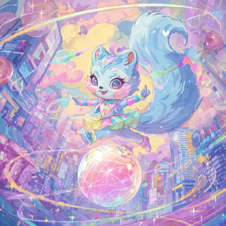 Cute cat on a background of the night city. Vector illustration.の素材