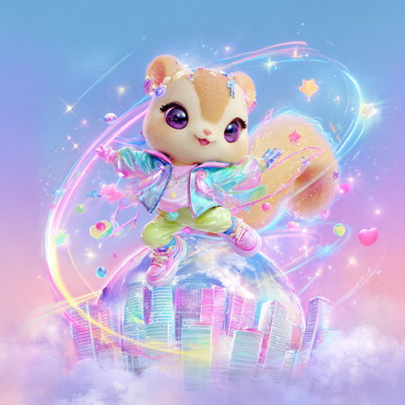Cute animal teddy bear sitting on the ball in the clouds with rainbow backgroundの素材