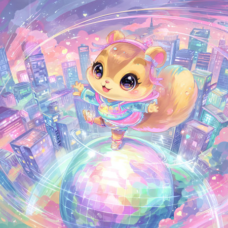 Cute cartoon hamster flying over the planet. Vector illustration.の素材
