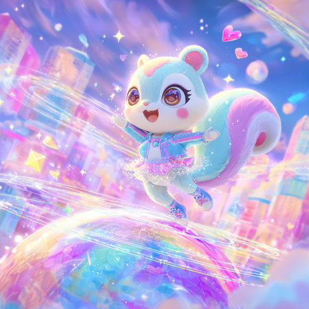 3D rendering of a cute cartoon panda in the city.の素材