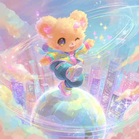 Teddy bear on the globe in the city. Vector illustration.の素材