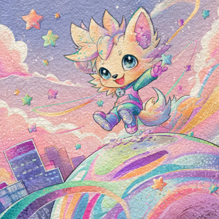 Watercolor illustration of a cute fox sitting on a rainbow with a city in the backgroundの素材