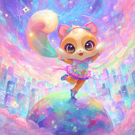 Cute cartoon fox on the background of the planet in outer spaceの素材