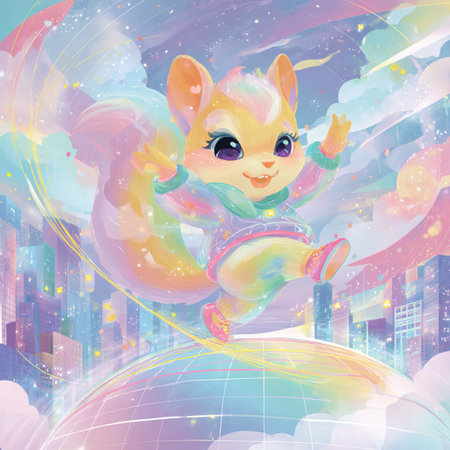 Cute cartoon girl with a rainbow on the background of the night cityの素材