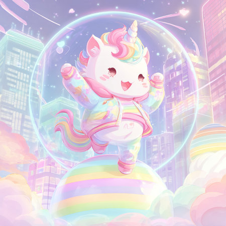 Cute unicorn on the planet in the city. Illustration.の素材